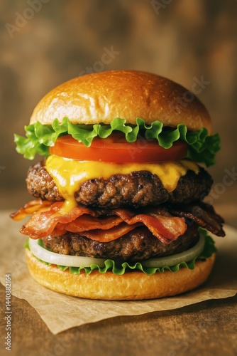 Juicy Burger With Bacon, Cheese, and Fresh Vegetables on a Wooden Table