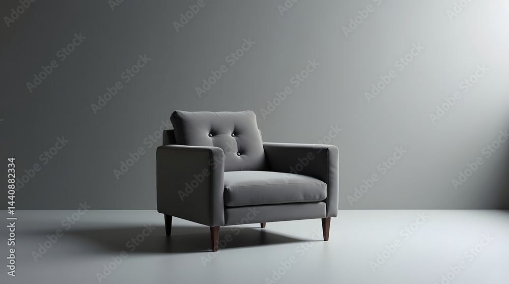 Stylish modern gray armchair with tufted upholstery against a minimalist background.