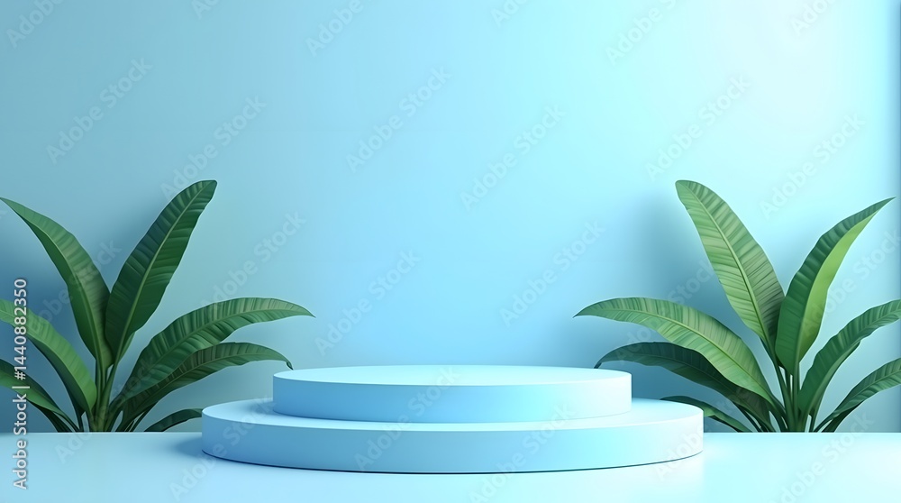 Minimalist blue background with layered platforms and lush green plants, creating a serene and modern atmosphere.