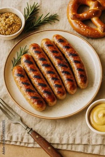 Obraz na płótnie Grilled Sausages Served With Mustard and Pretzels on a Rustic Table Setting in the Afternoon w salonie