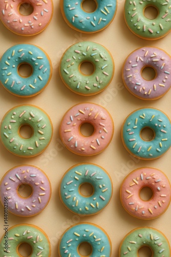 Obraz na płótnie Colorful Donuts Arranged on a Light Yellow Background Creating an Appealing Dessert Display w salonie
