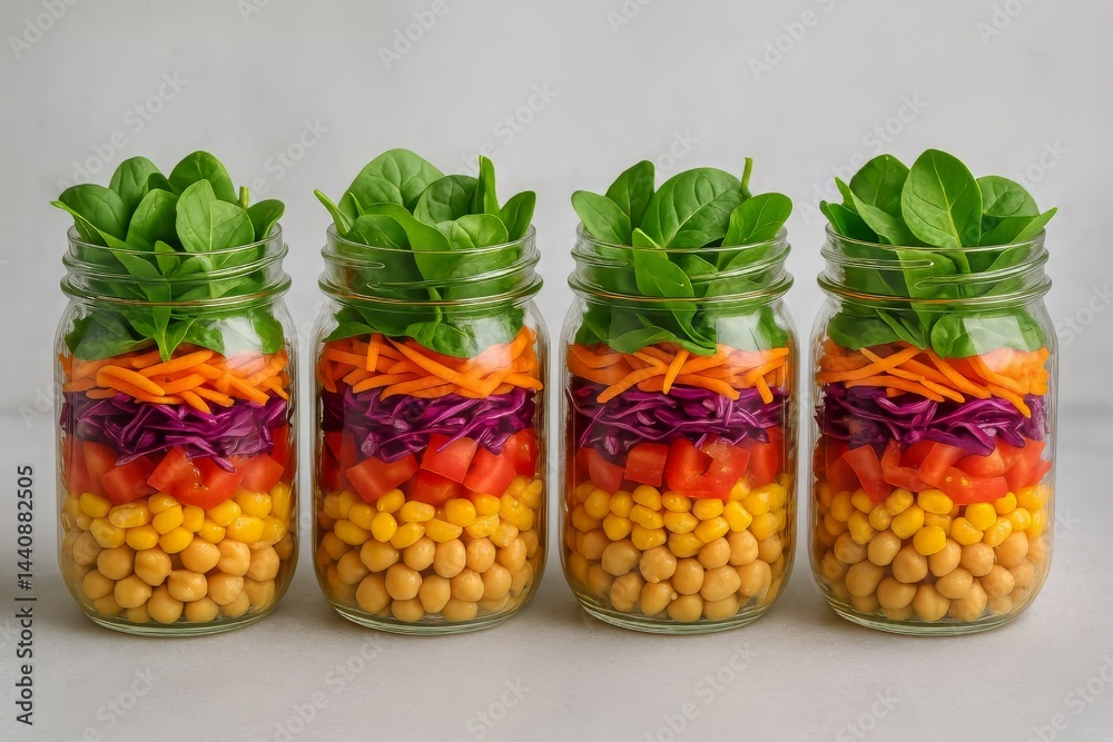 Colorful Salad Jars Filled With Fresh Vegetables and Beans Arranged on a Light Background