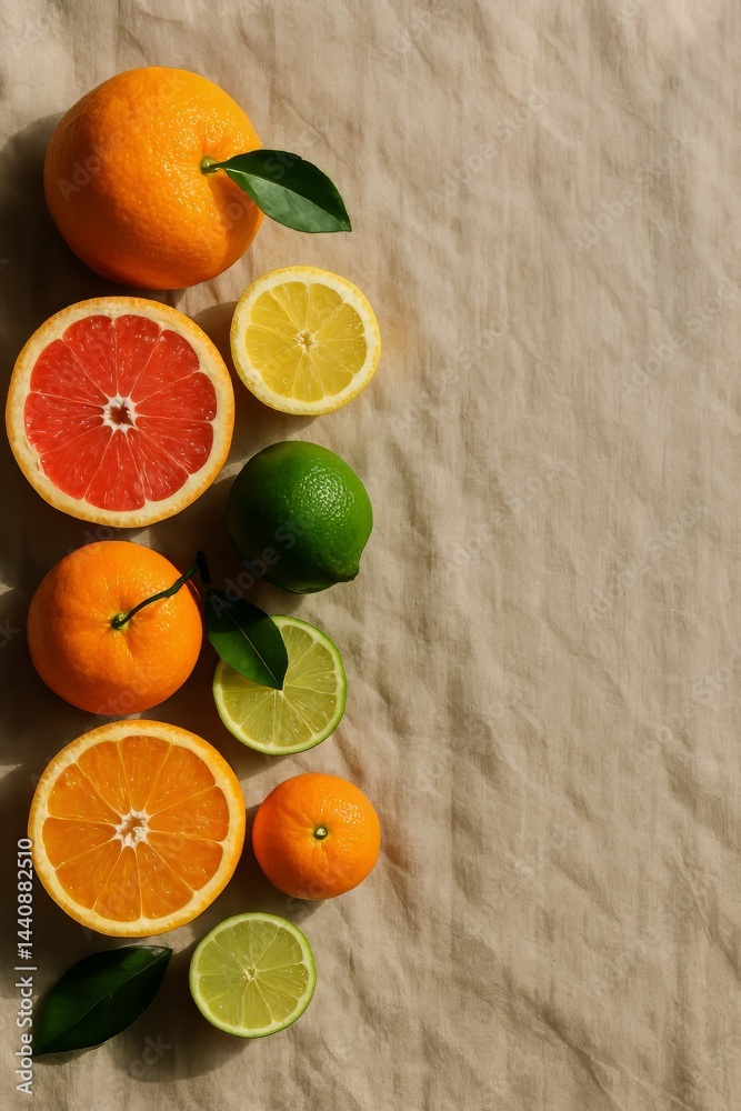 Colorful Arrangement of Citrus Fruits on a Textured Surface in Natural Light