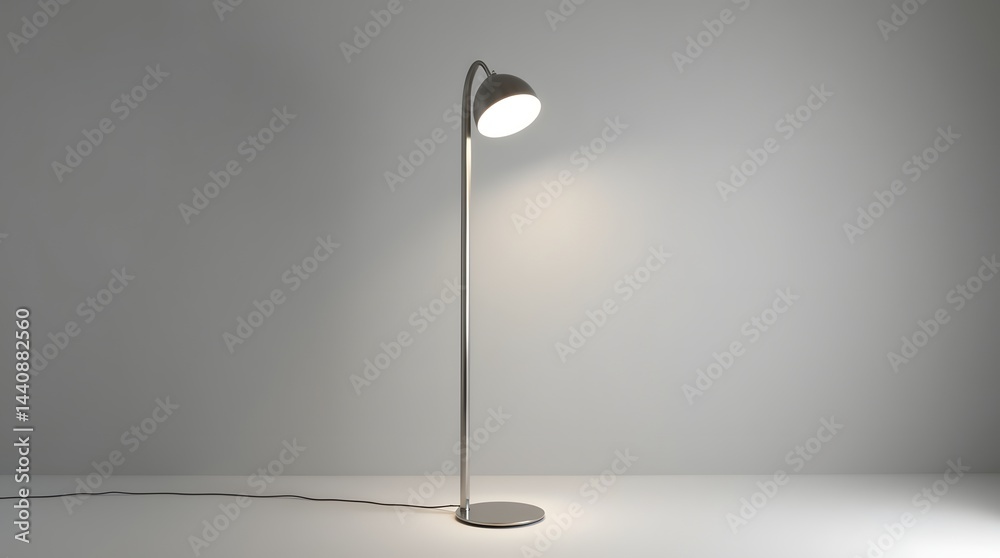 A sleek modern floor lamp stands elegantly against a minimalist backdrop, casting a warm glow in the space.
