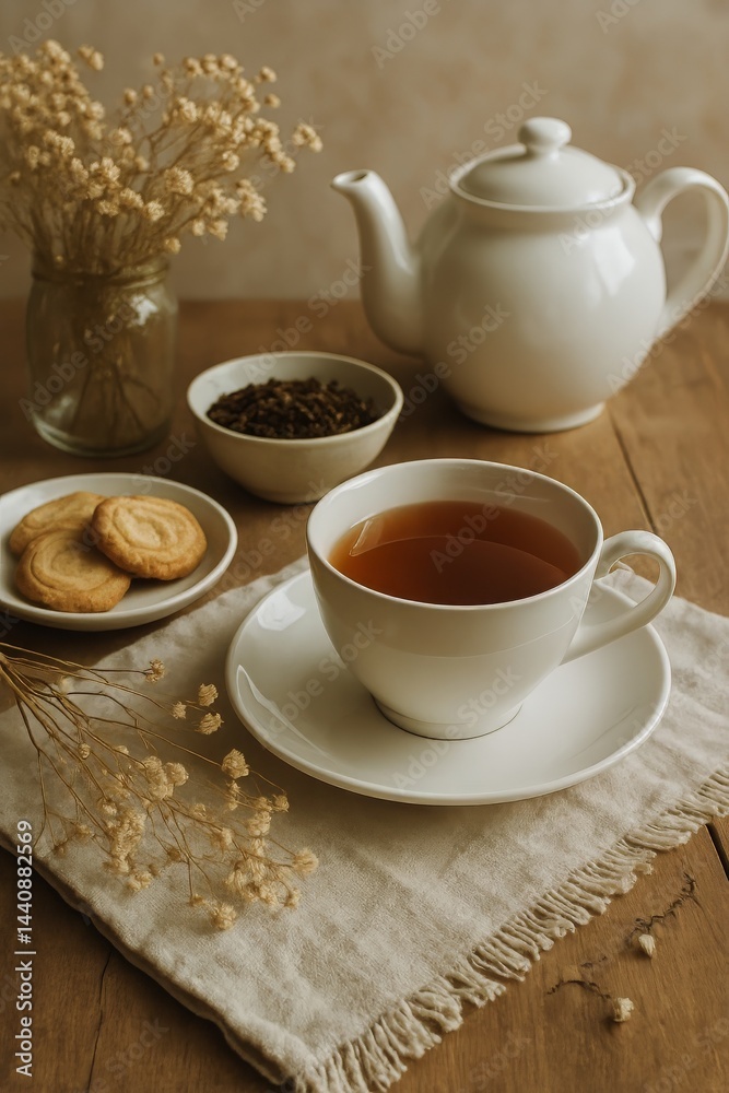 Delicate Teacup With Freshly Brewed Herbal Tea and Scones on Wooden Table During Afternoon Tea Time