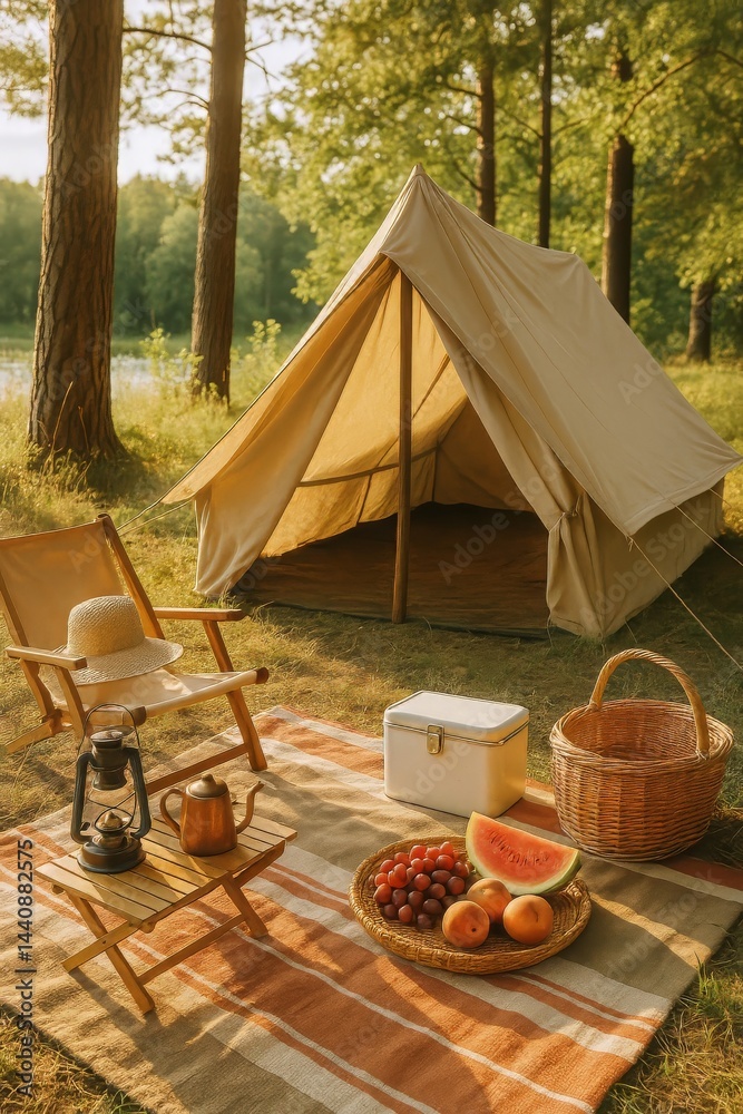 Cozy Campsite by the Lake With Tent, Chairs, and Picnic Setup During Golden Hour