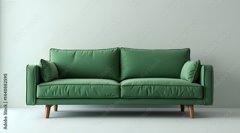 Modern green sofa with plush cushions and wooden legs against a soft pastel background.