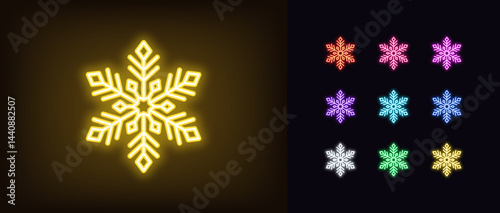 Outline neon snowflake icon. Glowing neon decorative snowflake with pattern, frozen star icon. Geometric snowflake with ornament, winter decoration, frost time, cold season. Vector icon set
