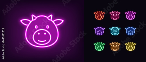 Outline neon cow face icon. Glowing neon cute cow head icon, calf emoji with smile. Cartoon cow emoji, calf head, baby bull, dairy farm, milk food, cute animal emoticon. Vector icon set