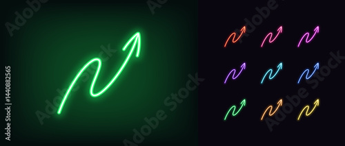 Outline neon winding arrow icon. Glowing neon hand drawn curve arrow icon, doodle line arrowhead. Wriggle arrow, hand drawn pointer, serpentine navigation, move direction. Vector icon set