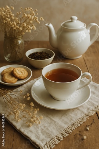 Obraz na płótnie Delicate Teacup With Freshly Brewed Herbal Tea and Scones on Wooden Table During Afternoon Tea Time w salonie