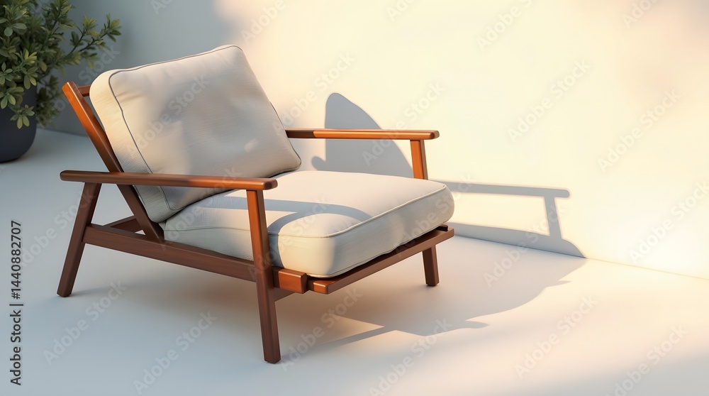 A stylish light gray armchair with wooden frame casting soft shadows in a cozy, sunlit corner.