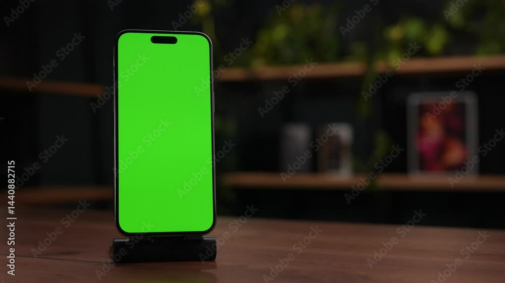 a smartphone with a green chromakey screen on a table in the interior a smartphone with a green chromakey screen on a table in the interior