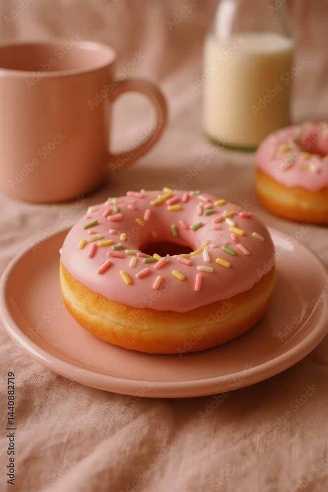 Pink Frosted Donut With Sprinkles Served on a Plate With Coffee and Milk on a Soft Cloth Backdrop