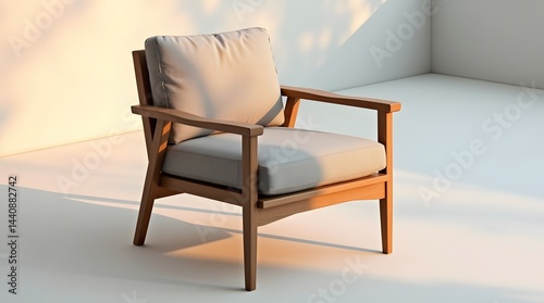 Obraz na płótnie Stylish wooden armchair with soft gray cushions, exuding modern elegance in a minimalist setting. w salonie
