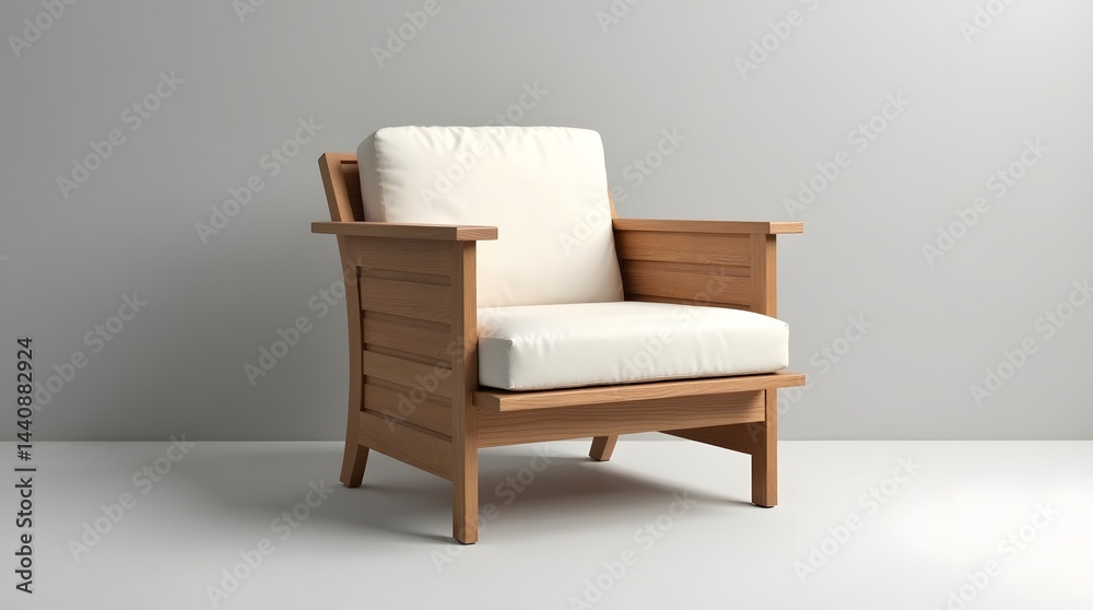 A modern wooden armchair with a light cushion, perfect for a cozy living space.
