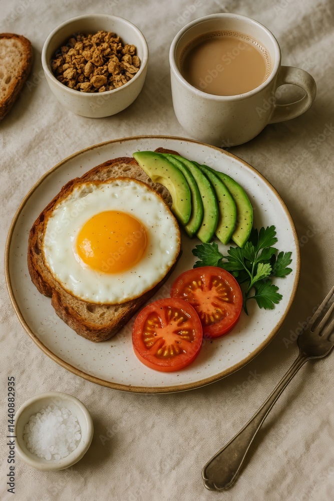 Delicious Breakfast Plate With Egg, Avocado, Tomatoes, and Coffee on a Cozy Table Setting