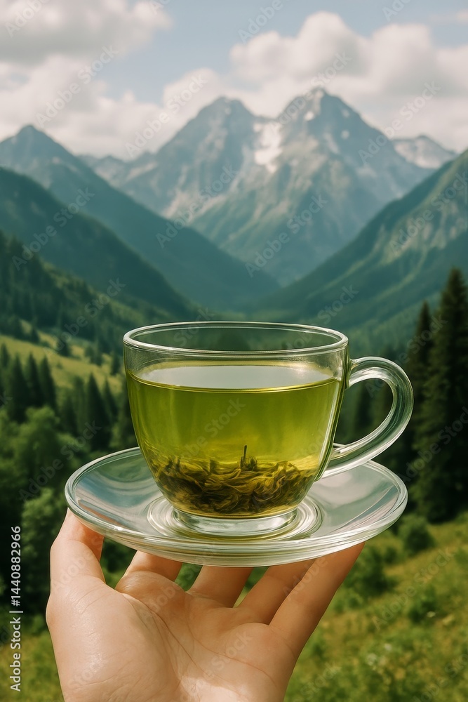 Green Tea in Glass With Mountain Background During Sunny Day Near Tranquil Forest