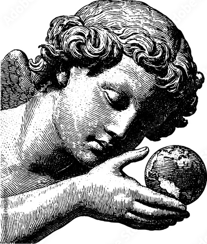 Cherubic angel contemplating earth with gentle expression.