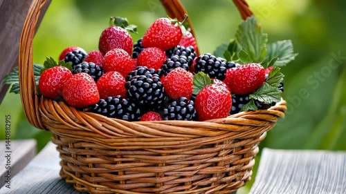 Vibrant summer berries overflowing from a rustic woven basket on a wooden table