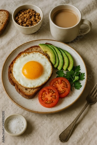 Obraz na płótnie Delicious Breakfast Plate With Egg, Avocado, Tomatoes, and Coffee on a Cozy Table Setting w salonie