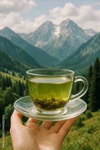 Green Tea in Glass With Mountain Background During Sunny Day Near Tranquil Forest