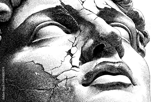 Detailed black and white sketch of cracked classical sculpture face.