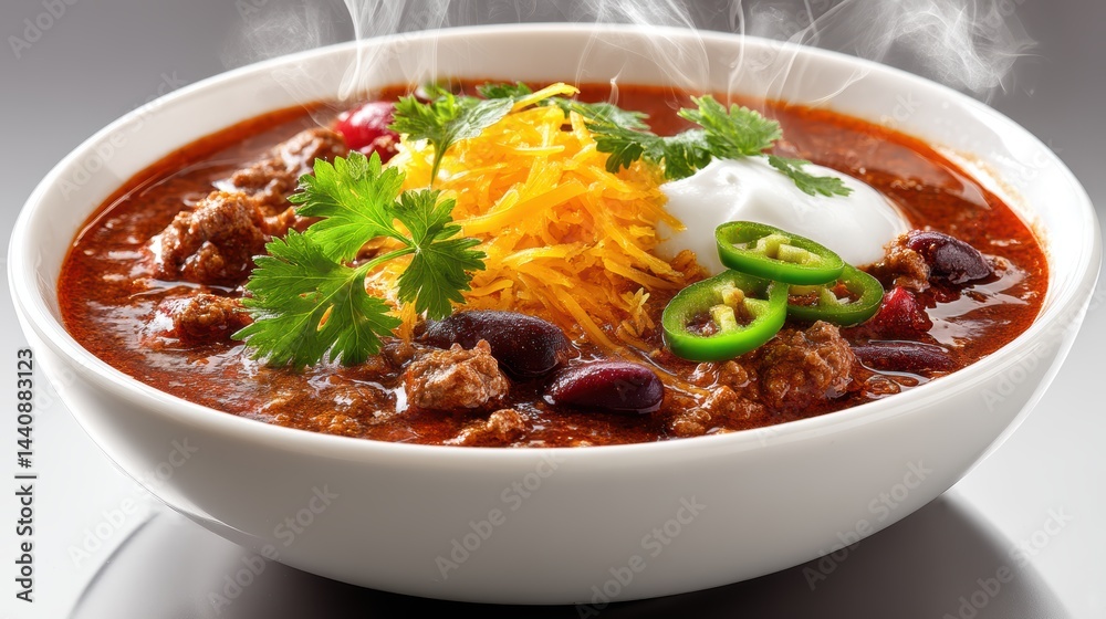 a steaming bowl of spicy chili with ground beef, beans, and cheese on top on a white isolated background, hearty and flavorful design a steaming bowl of spicy chili with ground beef, beans, and cheese on top on a white isolated background, hearty and flavorful design