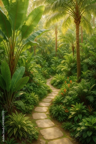 Lush Tropical Pathway Surrounded by Vibrant Foliage in a Serene Rainforest Setting
