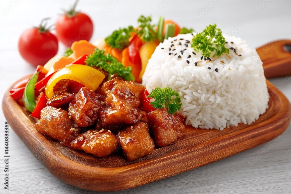 Teriyaki Chicken with Rice and Vegetables - Delicious teriyaki chicken cubes served with steamed rice and a colorful medley of roasted vegetables. A perfect balanced meal Teriyaki Chicken with Rice and Vegetables - Delicious teriyaki chicken cubes served with steamed rice and a colorful medley of roasted vegetables. A perfect balanced meal