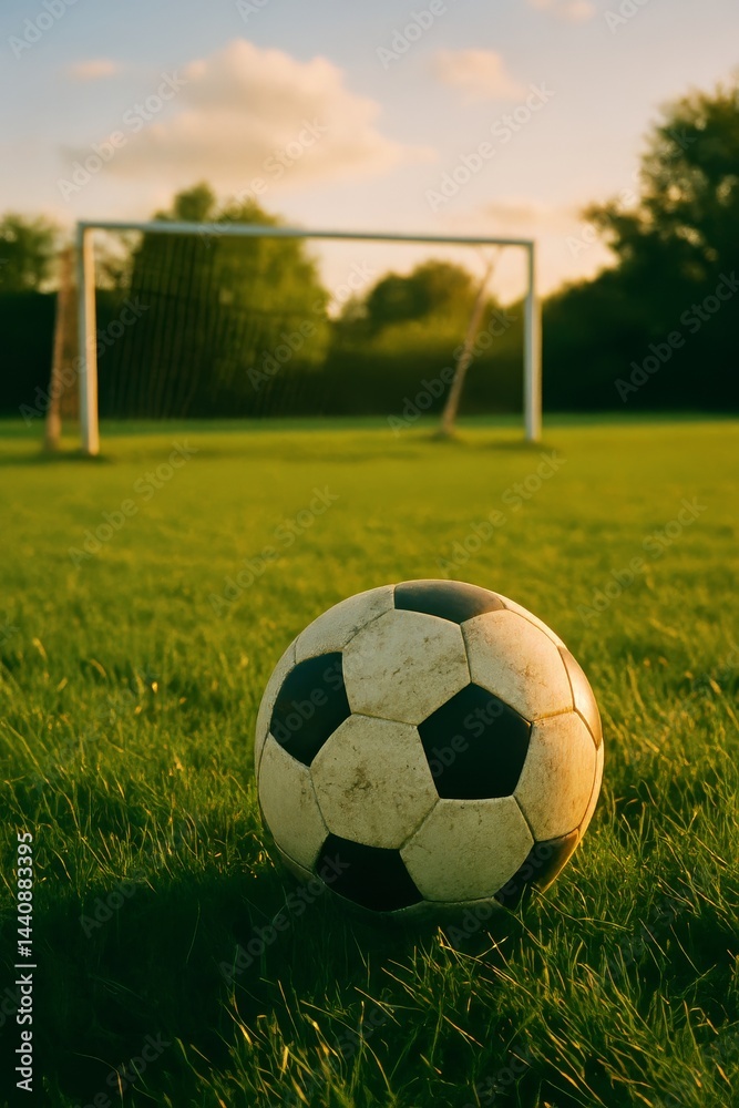 Soccer Ball Resting on Grass as Sunset Glows Behind Goalposts in an Outdoor Field