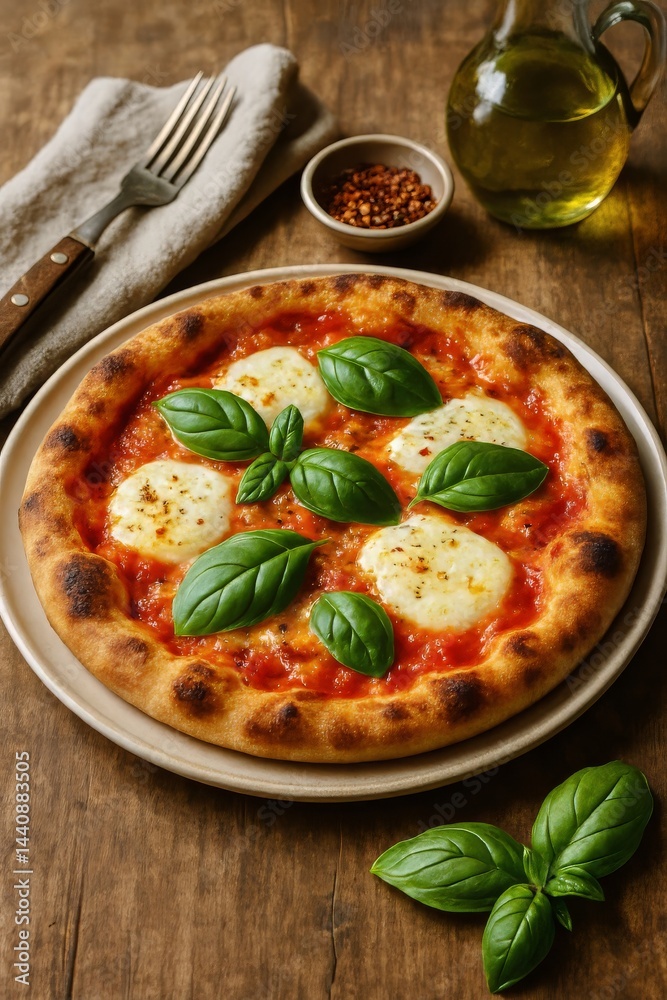 Pizza With Fresh Basil and Tomatoes Served on a Wooden Table With Red Drink and Spices
