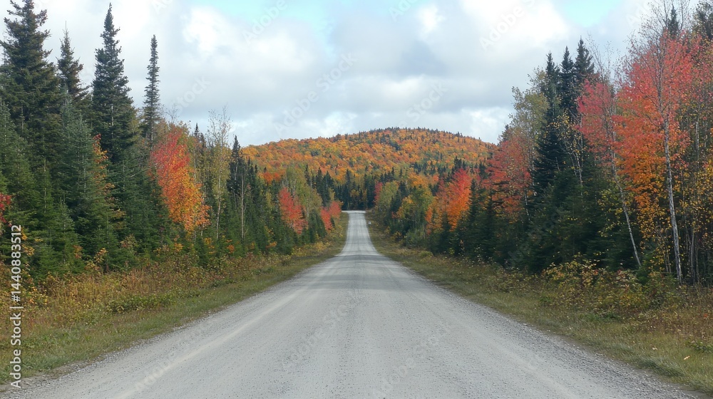 Fototapeta premium Empty road flanked by autumn trees with vibrant orange and red leaves