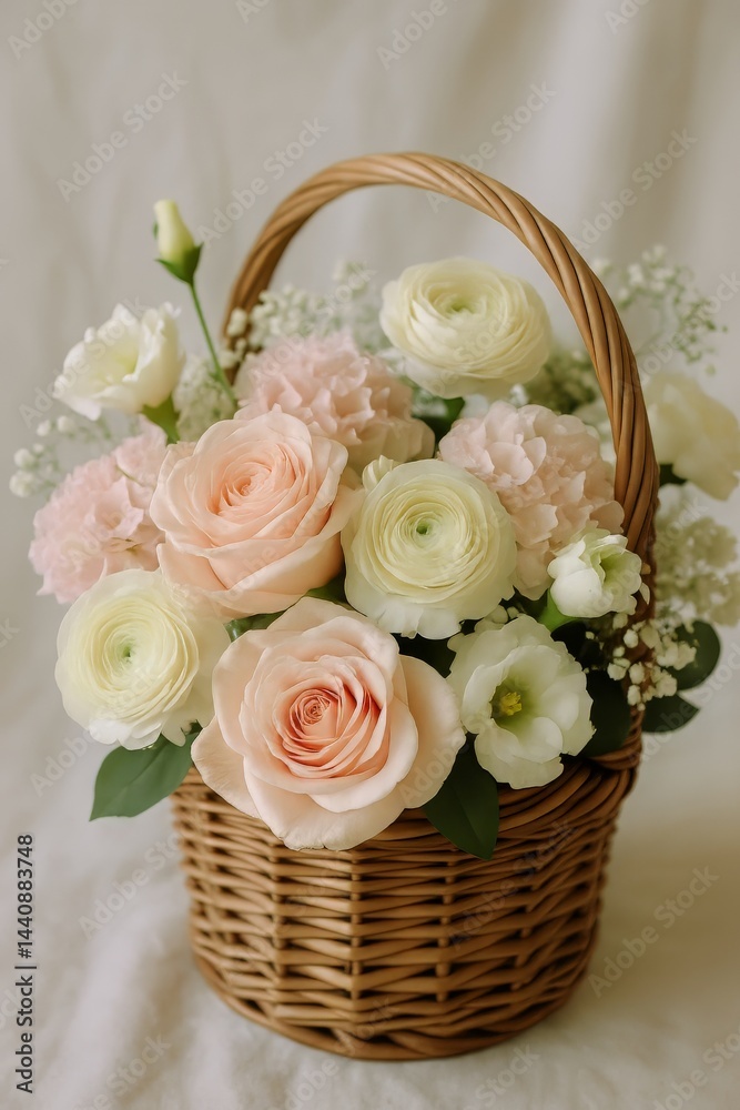 Beautiful Floral Arrangement in a Woven Basket With Pastel Blooms on a Neutral Background
