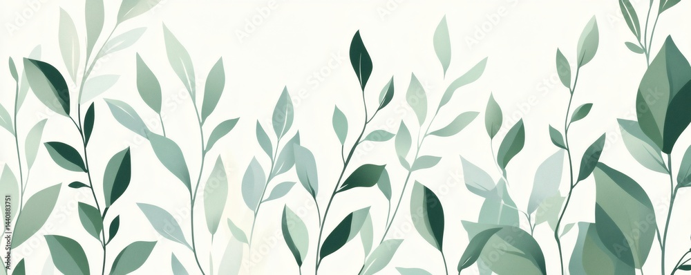 Fototapeta premium Delicate, muted green foliage design on a white background.