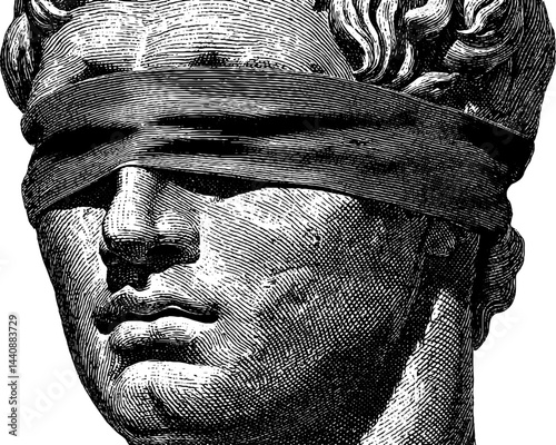 Vintage engraving of classical blindfolded bust with intricate details.