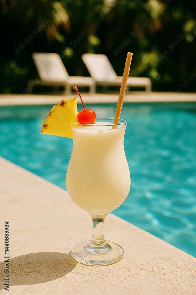 Refreshing Tropical Cocktail Served Poolside on a Sunny Day With Vibrant Blue Water