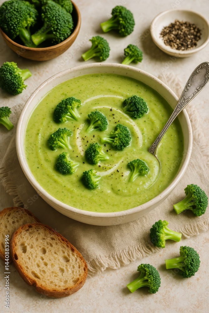 Creamy Broccoli Soup Garnished With Fresh Florets Served in a Bowl With Bread on a Table