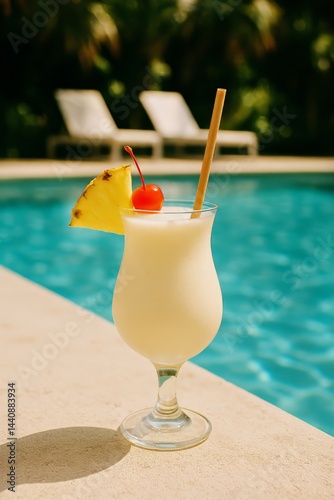 Obraz na płótnie Refreshing Tropical Cocktail Served Poolside on a Sunny Day With Vibrant Blue Water w salonie