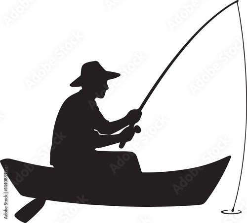 Black silhouette design of a fisherman fishing on boat vector art illustration