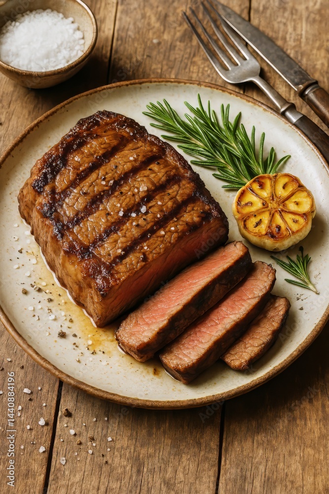 Juicy Grilled Ribeye Steak Served on a Wooden Platter With Herbs and Seasoning in a Cozy Kitchen