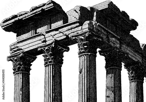 Ancient roman temple ruins with corinthian columns in black and white engraving.