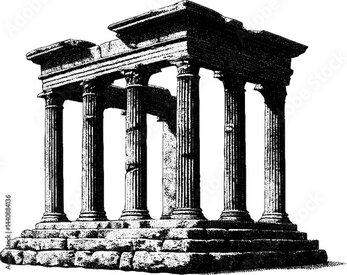 Ancient greek temple ruins with iconic corinthian columns.