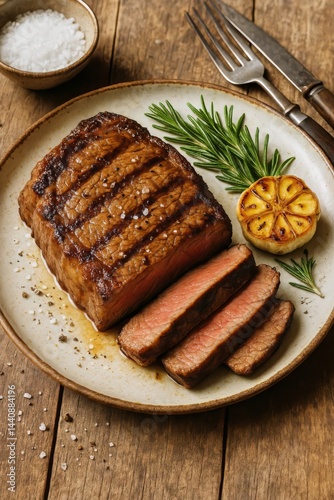 Obraz na płótnie Juicy Grilled Ribeye Steak Served on a Wooden Platter With Herbs and Seasoning in a Cozy Kitchen w salonie
