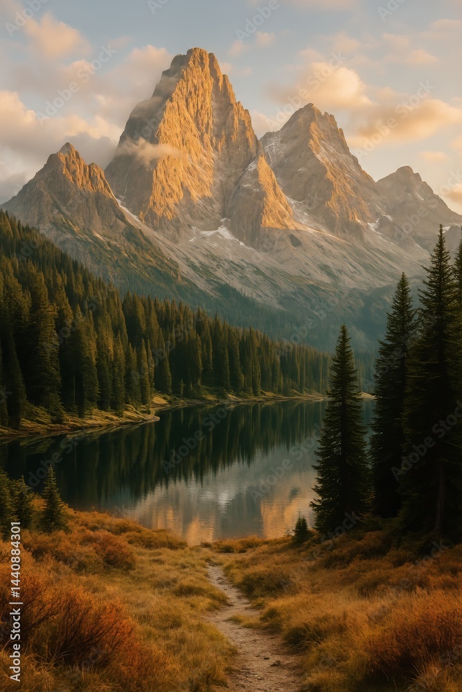 Majestic Mountain Range Reflects in Tranquil River During Golden Hour in Serene Nature Setting