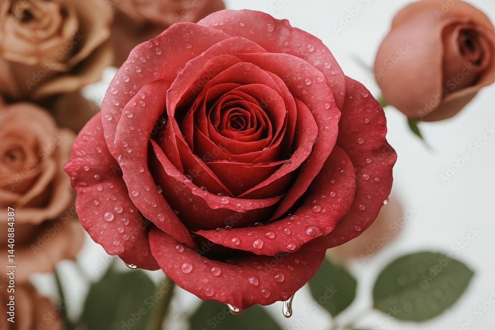 Beautiful Red Rose With Droplets on Petals, Showcasing Natures Elegance and Detail