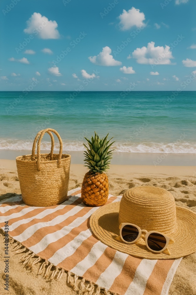 Tropical Beach Setup With Pineapple, Straw Hat, and Tote Bag During Sunny Day