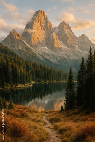 Obraz na płótnie Majestic Mountain Range Reflects in Tranquil River During Golden Hour in Serene Nature Setting w salonie