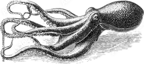 Vintage black and white octopus drawing with detailed tentacles.