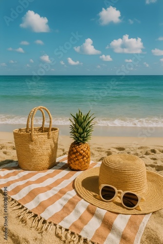 Tropical Beach Setup With Pineapple, Straw Hat, and Tote Bag During Sunny Day